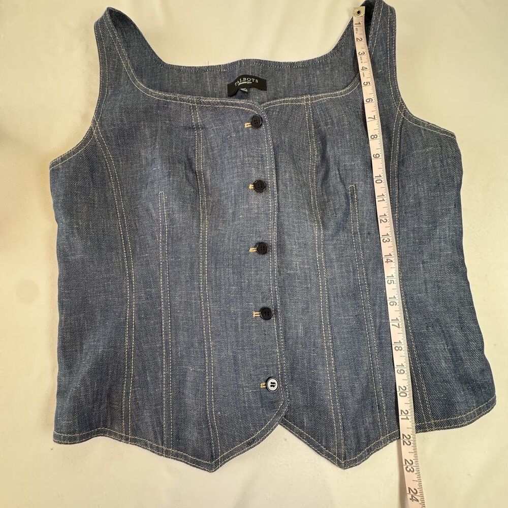 Talbots 100% Linen Vest Blue Denim Look Button Front Women Size 16 Corset - Picture 7 of 7